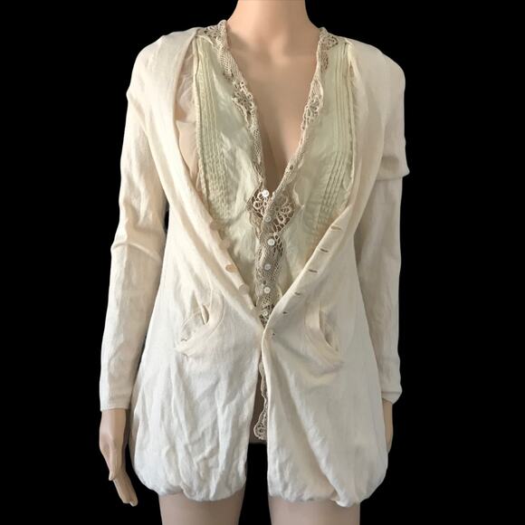 Anthropologie Knitted + Knotted Lace Tulle Pale Noon Button Cardigan Sweater M - Picture 3 of 8
